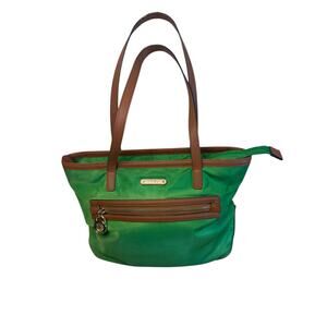 Michael Kors Green Nylon Tote Bag with Brown Leather Trim Women’s Shoulder Purse